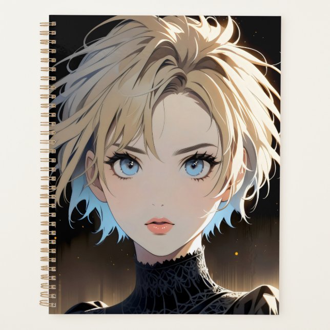 anime character with a blue eyes and a black shirt planner (Front)