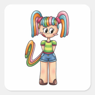 Anime Chibi Rainbow Candy Girl Colourful Hair Square Sticker