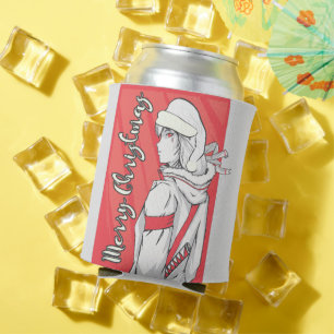 Anime Christmas Sweater, Girl with Xmas Hat Can Cooler