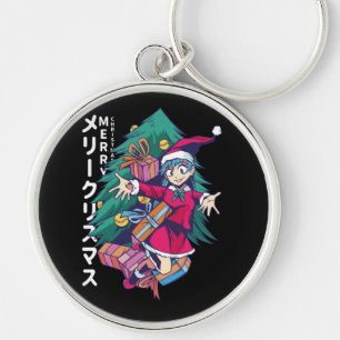 Anime Christmas Sweater- Happy Girl with Santa Hat Key Ring