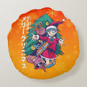 Anime Christmas Sweater- Happy Girl with Santa Hat Round Cushion