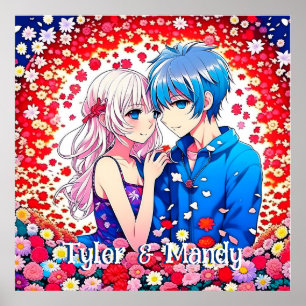 Anime Couple, Flowers Personalised Poster