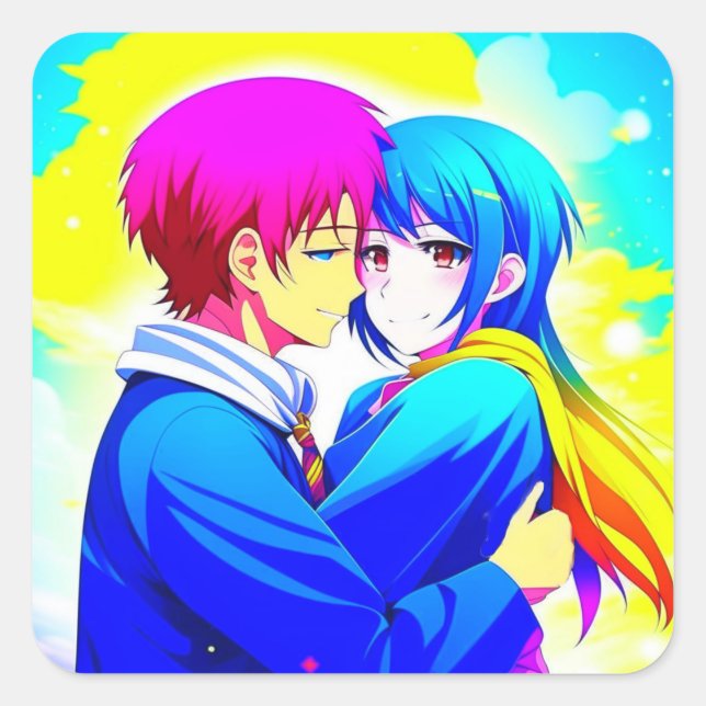 Anime Couple Hugging Pink and Blue Square Sticker (Front)