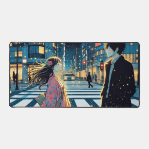 Anime Couple in Serene Night Street Scene Desk Mat