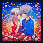 Anime Couple Love Flowers and Hearts Poster<br><div class="desc">Cute anime girl and boy in red and blue surrounded by hearts and flowers.</div>