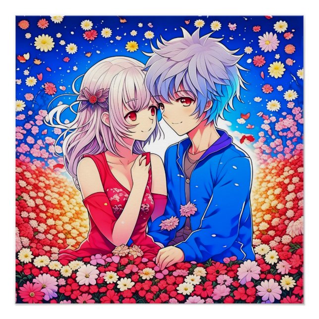 Anime Couple Love Flowers and Hearts Poster (Front)