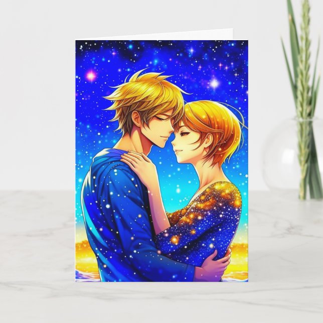 Anime Couple on a Starry Night Valentine's Day Card (Front)
