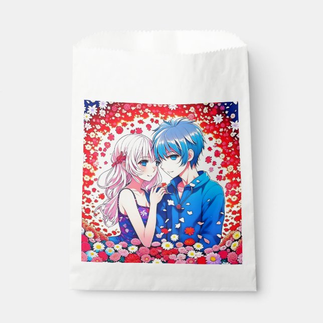 Anime Couple Red and Blue Floral Wedding Favour Bag (Front)