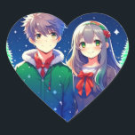 Anime Couple Romantic Christmas  Heart Sticker<br><div class="desc">Christmas time with a cute anime couple with a snowy pine tree background.</div>