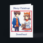 Anime Couple Romantic Personalised Christmas  Card<br><div class="desc">Christmas card with a cute anime couple with a cat background.</div>
