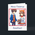 Anime Couple Romantic Personalised Christmas  Card<br><div class="desc">Christmas card with a cute anime couple with a cat background.</div>