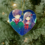 Anime Couple Romantic Personalised Christmas  Ceramic Ornament<br><div class="desc">Christmas time with a cute anime couple with a snowy pine tree background.</div>
