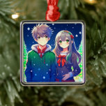 Anime Couple Romantic Personalised Christmas  Metal Ornament<br><div class="desc">Christmas time with a cute anime couple with a snowy pine tree background.</div>