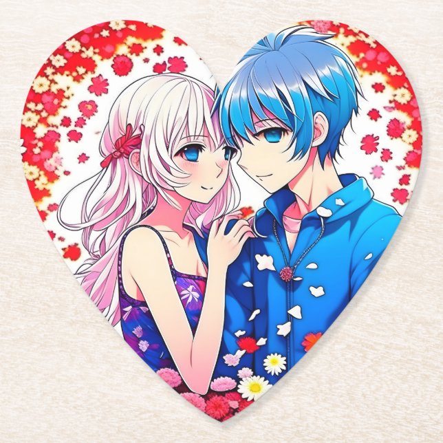 Anime Couple Unique Wedding Paper Coaster (Front)