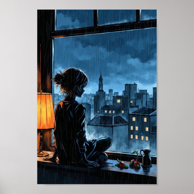 Anime Cozy Rain Window Wall Art (Front)