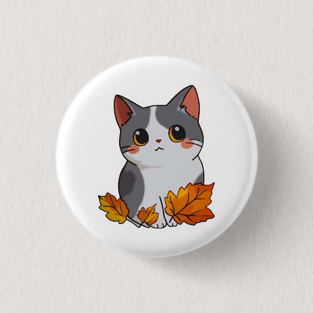 Anime cute cat fall leaves 3 cm round badge (Front)