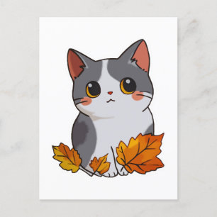 Anime cute cat fall leaves postcard
