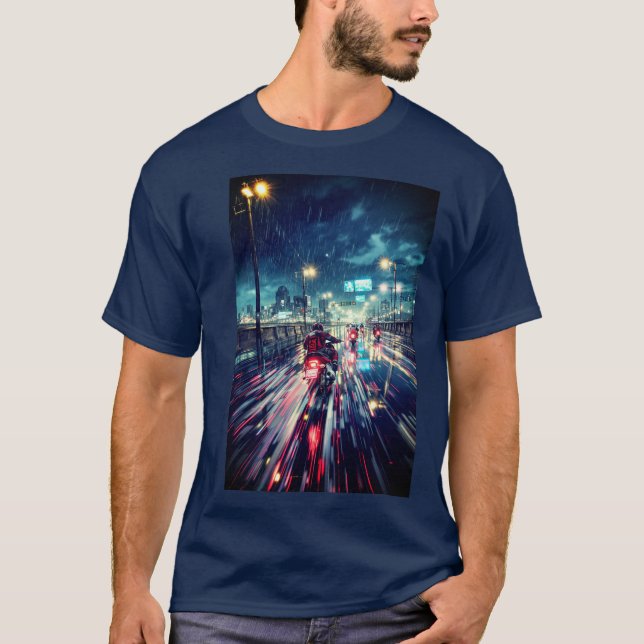 Anime Cyberpunk Rainy City Motorcycle T-Shirt (Front)