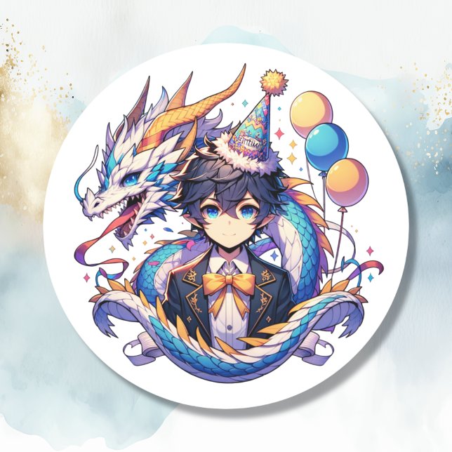 Anime Dragon Boy's Birthday  Classic Round Sticker (Creator Uploaded)