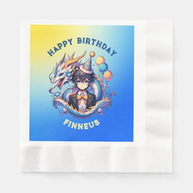 Anime Dragon Personalised Boy's Birthday  Napkin (Front)