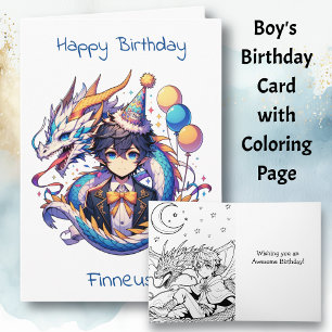 Anime Dragon Themed Boy's Birthday Colouring Pag Card