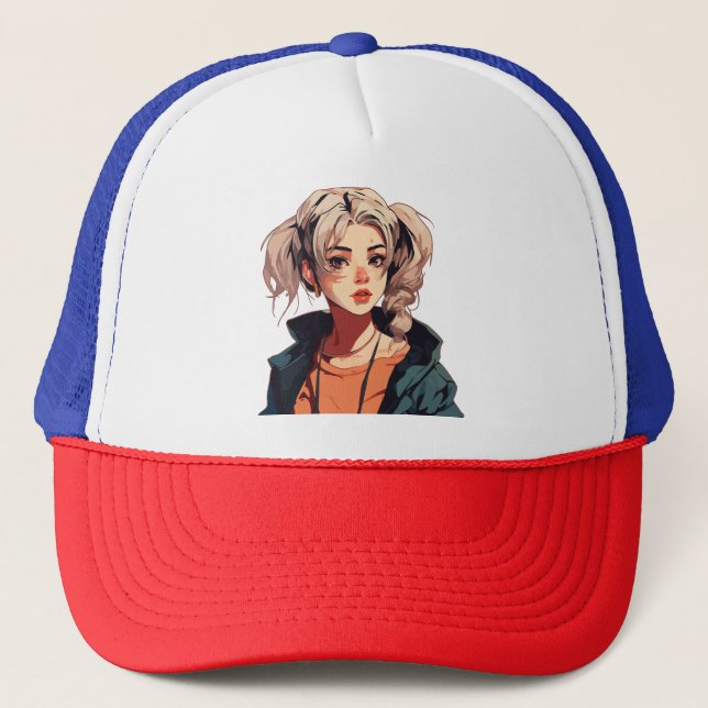 Anime Dream: Beige-Haired Beauty Trucker Hat (Front)