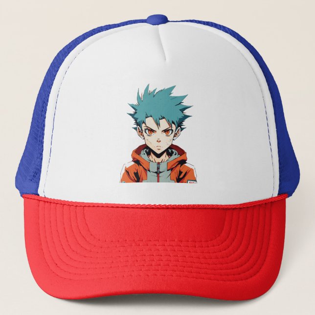 Anime Dreams: Green-Haired Manga Anime Boy Trucker Hat (Front)