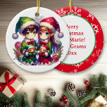 Anime Elves and Snowflakes Personalised Christmas  Ceramic Ornament<br><div class="desc">Anime kids in Santa hats holding toys themed personalised Christmas ornament.</div>