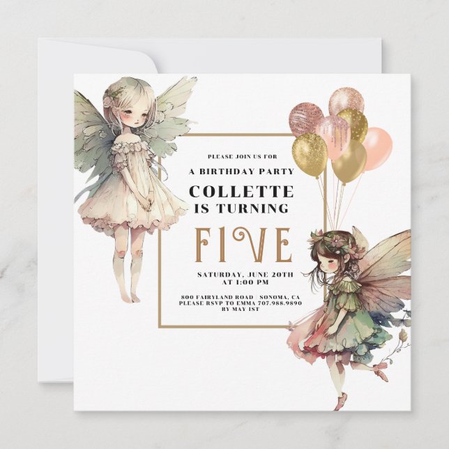 Anime Fairy Girl's 5th Birthday Party Invitation (Front)
