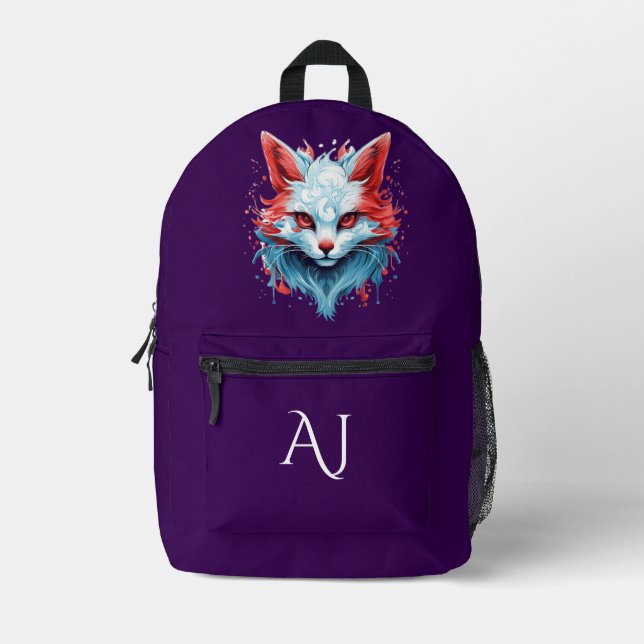 Anime Fantasy Cat Purple Mystical Initials Printed Backpack (Front)