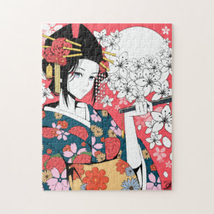 Anime Floral Geisha Pink White Jigsaw Puzzle