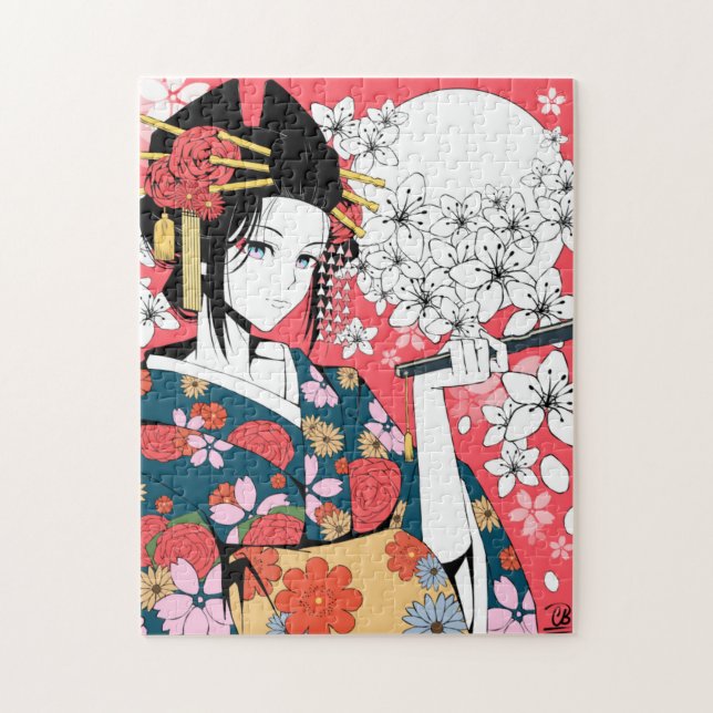 Anime Floral Geisha Pink White Jigsaw Puzzle (Vertical)
