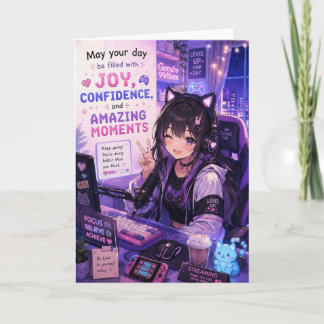 Anime Gamer Girl Greeting Card | Kawaii Streamer