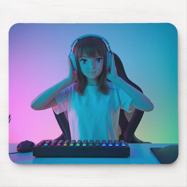 Anime Gamer Girl Setup Mousepad (Front)