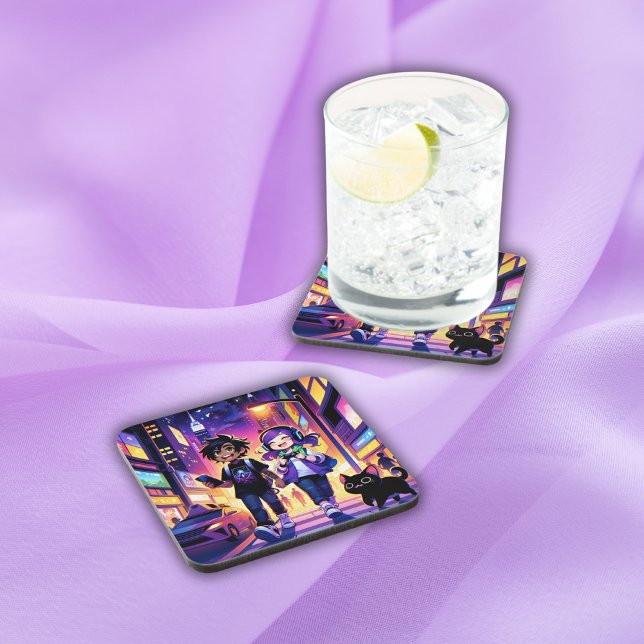 Anime Gaming Couple with their Cat | Coaster (Creator Uploaded)