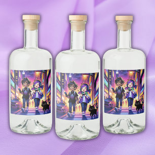 Anime Gaming Couple with their Cat   Liquor Bottle Label