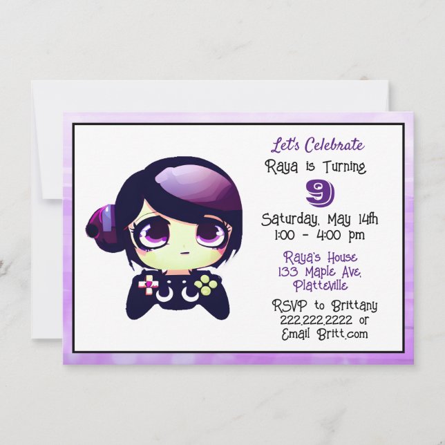 Anime Gaming Girl Purple and Black Kid's Birthday Invitation (Front)