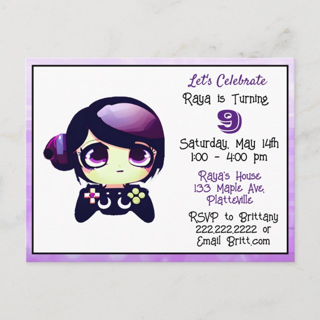 Anime Gaming Girl Purple and Black Kid's Birthday Postcard (Front)