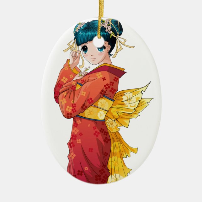 Anime Geisha Ceramic Tree Decoration (Front)