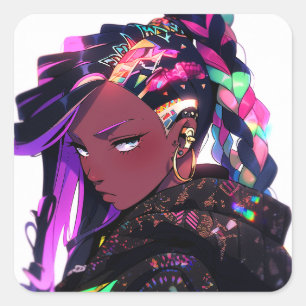 Anime Girl African American Art Square Sticker