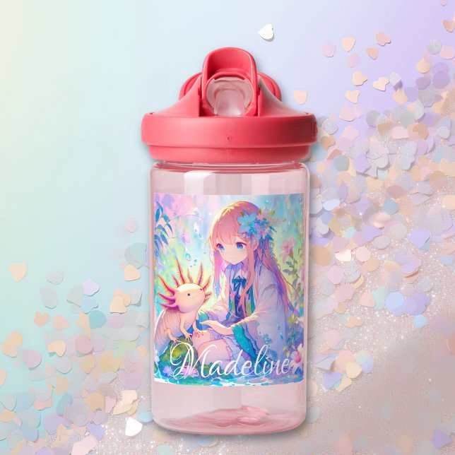 Anime Girl and Axolotl Personalised Water Bottle (Creator Uploaded)