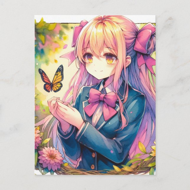 Anime Girl and Butterfly Keeping in Touch Postcard (Front)