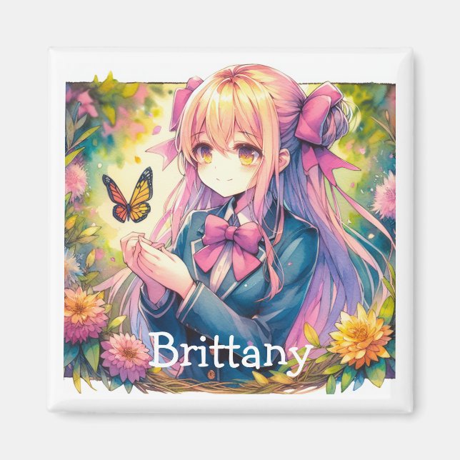 Anime Girl and Butterfly Watercolor Ai Art  Magnet (Front)