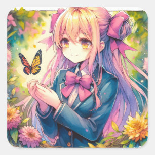 Anime Girl and Butterfly Watercolor Ai Art Square Sticker