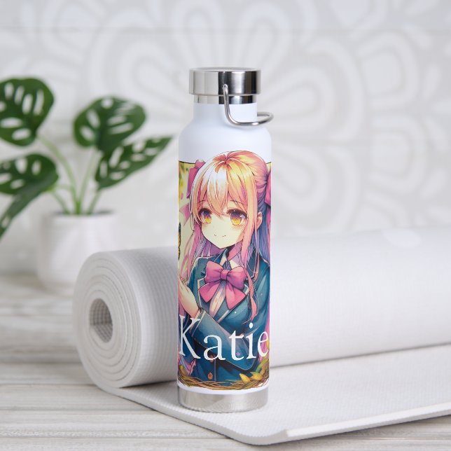 Anime Girl and Butterfly Watercolor Personalised Water Bottle (Yoga)