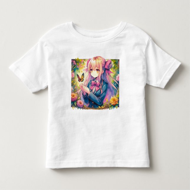 Anime Girl and Butterfly Watercolor  Toddler T-Shirt (Front)