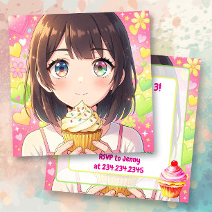 Anime Girl and Cupcake Birthday   Invitation