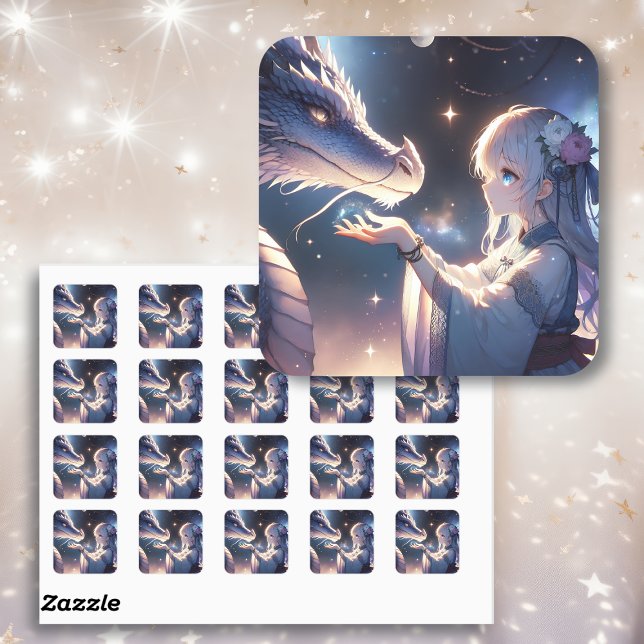 Anime Girl and Her Dragon Mystical   Square Sticker (Creator Uploaded)