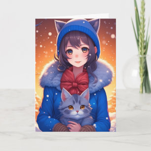 Anime Girl and Kitten Colouring Page Christmas Card