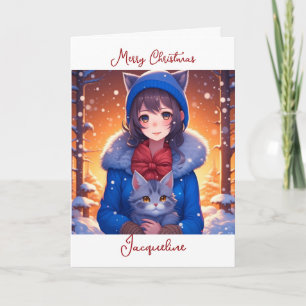 Anime Girl and Kitten Colouring Page Christmas Card